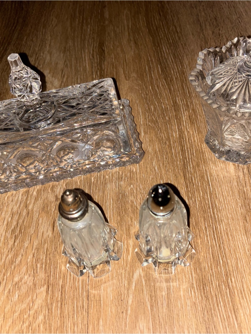 Vintage Pressed Glass Butter Dish Jam Jar Salt & Pepper Shakers 4 Pc Lot b68